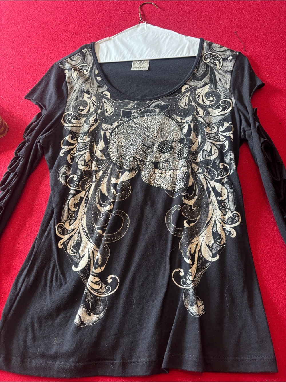 Vocal Black Long-Sleeve Skull Tee with Gold Foil Scrolls